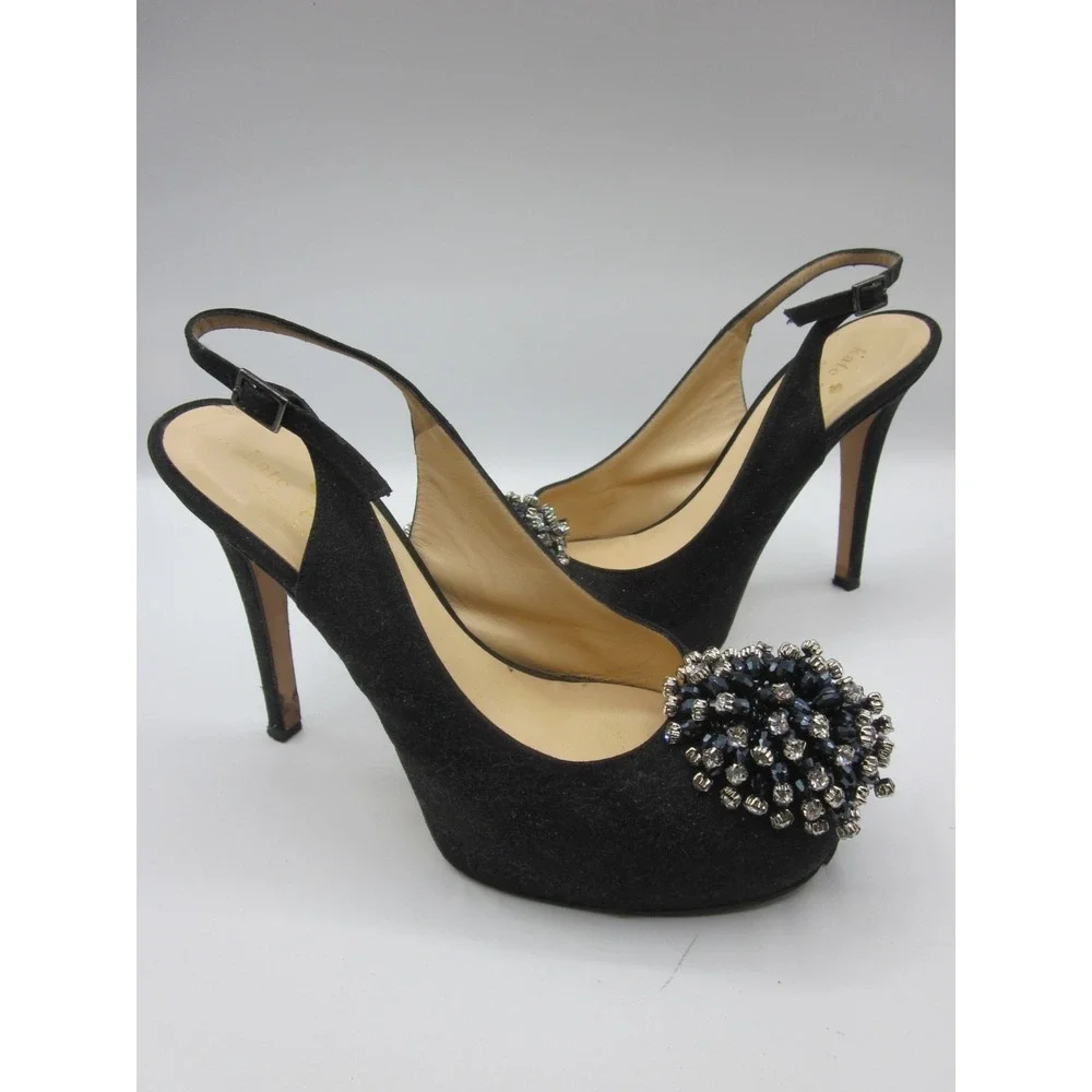 Black canvas w/ crystal burst trim toe Kate Spade slingback sandal Sz 7